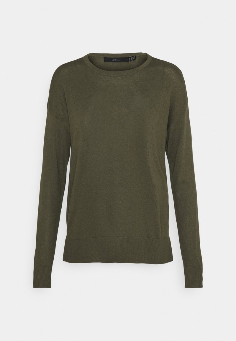 Sweter dzianinowy w kolorze oliwkowej zieleni z długimi rękawami, okrągłym dekoltem i ściągaczami przy mankietach. Gładka faktura, casualowy krój i minimalne przeszycia.