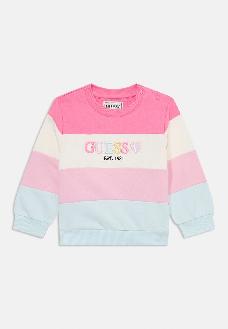 Felpa a righe rosa e blu chiaro con logo ricamato "GUESS", "EST. 1981" e bottoni a pressione sulle spalle. Tessuto morbido.