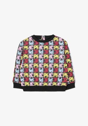 Kleurige sweatshirt met een herhalend blokpatroon van letters in rood, blauw, geel en roze op een zwarte achtergrond. Ribgebreide kraag en manchetten.