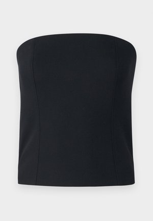 Top preto sem alças com um design ajustado, feito de tecido liso e elástico, sem costuras visíveis. Silhueta simples e elegante.