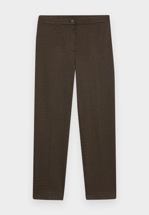 Bruine broek met een geometrisch patroon in donkere kleuren, zachte textuur, rechte pijpen en een knoopsluiting aan de voorkant.