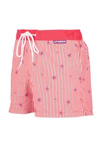 Short de bain rayé rouge et blanc avec une ceinture rose, doté d'un cordon de serrage et d'un motif d'étoiles de mer violettes. Étiquette de marque visible sur la ceinture.
