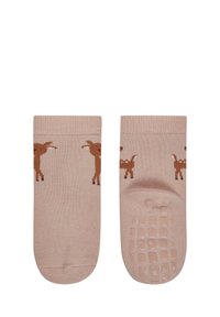 Knielange, hellrosa Socken mit braunen Cartoon-Hundemustern. Strukturierten Sohle für Halt. Gerippter Bund für Stabilität. Weicher Stoff.