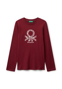 Bordová košile s dlouhým rukávem s květinovým vzorem loga Benetton a bílým textem "benetton" vpředu.