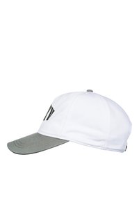 Gorra blanca con visera gris, con costuras grises y un logo negro en la parte frontal. Hecha de algodón, presenta un diseño de visera curva.