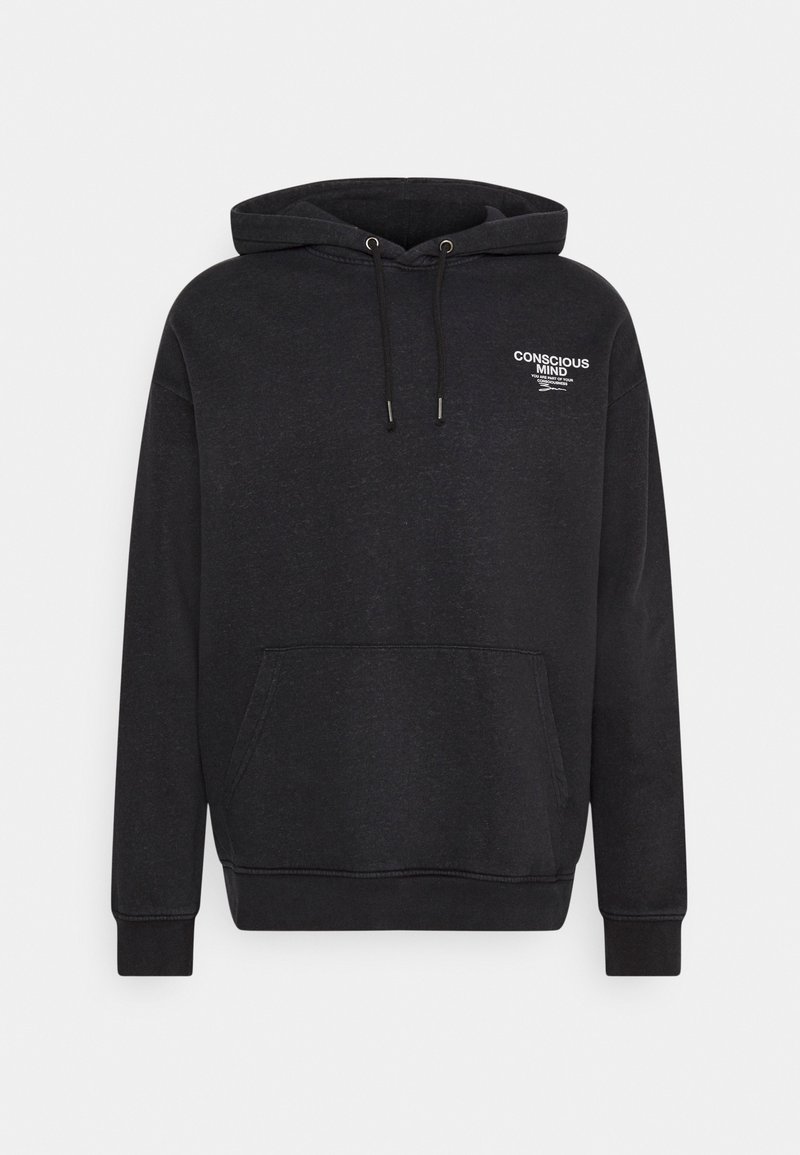 Sudadera negra de mezcla de algodón, con bolsillo tipo canguro, capucha con cordón y logo impreso en blanco en el lado izquierdo del pecho.