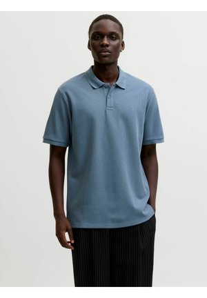 Muž v krátkym rukávom svetlomodrom polokošeli a čiernych nohaviciach s úzkymi prúžkami stojaci pred jednoduchým bielym pozadím.