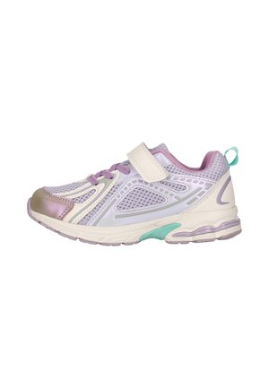 Children’s athletic shoe with purple mesh, cream details, hook-and-loop strap, teal heel loop, and light green accent on the sole.
