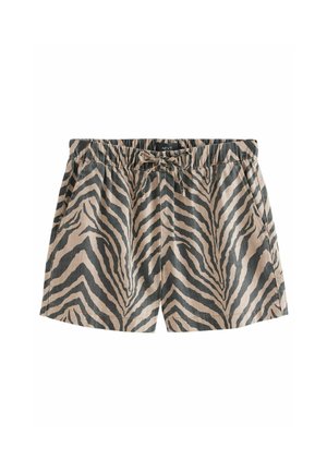 Beige und schwarze Shorts mit Zebramuster, elastischem Bund und Frontkordelzug, mit Seitentaschen und abgestepptem Saum.