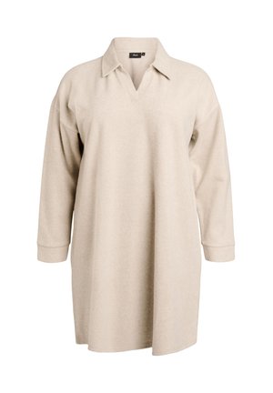 Beige poloko šaty s dlouhým rukávem a límečkem, s výstřihem do V, vyrobené z měkké látky, volný střih.
