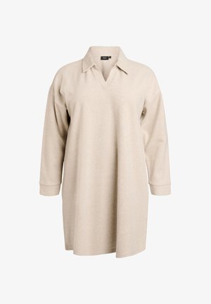 Beiges Langarm-Polohemdkleid mit Kragen und V-Ausschnitt, aus weichem Stoff, lockere Passform.