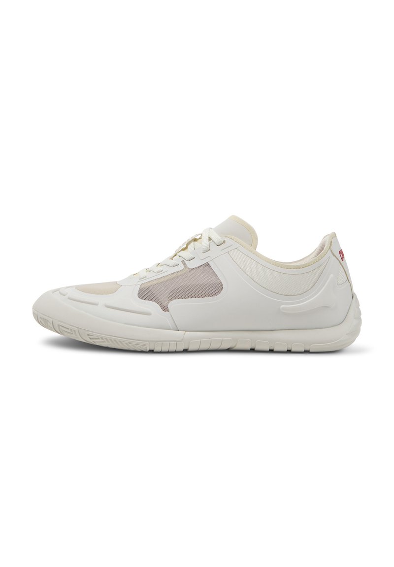 White athletic shoes with a smooth textured upper, mesh panels, lace closure, and a cushioned sole. Features subtle accents and ergonomic design.