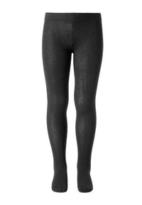 Collants noirs opaques avec ceinture élastique, présentés de face avec les pieds et les jambes entièrement couverts.