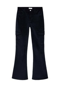 Námornícke kordové kargo nohavice s rozšírenými nohavicami, ktoré majú dva bočné vrecká a zapínanie na gombík. Hladká textúra s obopnutým pásom a širokým strihom nohavic.