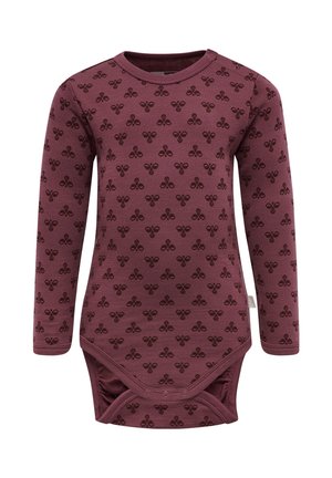 Langærmet baby bodystocking i burgundy, med et tonalt blomstermønster, blød bomuldsblanding og trykknaplukning i bunden for nem påklædning.