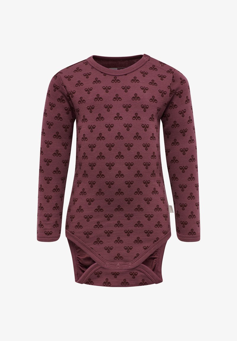 Langærmet baby bodystocking i burgundy, med et tonalt blomstermønster, blød bomuldsblanding og trykknaplukning i bunden for nem påklædning.