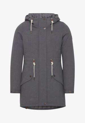 Parka impermeable gris con capucha, cordones de ajuste, dos bolsillos frontales y cierre de botones. Tejido texturizado con forro acolchado.