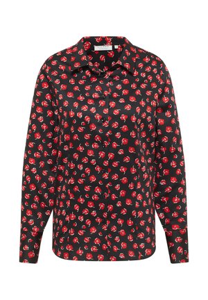 Zwarte, langärmelige shirt met een levendig rood bloemenpatroon, knopen aan de voorkant en een klassieke kraagontwerp met een gladde, satijnachtige textuur.