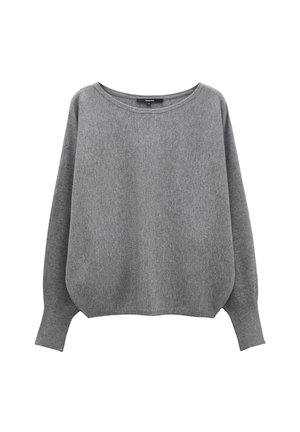 Grauer oversized Pullover mit weitem Ausschnitt, langen Ärmeln und einer weichen Textur. Der Stoff wirkt glatt mit einem dezenten melierten Muster.