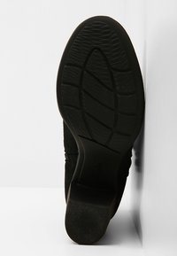 Semelle noire d'une botte à talon montant à la cheville avec un motif de bande de roulement texturé, photographiée reposant contre un coin blanc entre un mur et le sol.