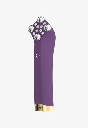 Purple massager with a curved body, silver spherical accents on top, and control buttons (+ and power) on the side. Gold-colored base.
