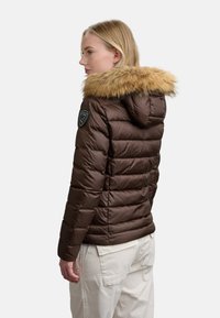 Giacca imbottita marrone con cappuccio rifinito in pelliccia, design trapuntato, distintivo laterale e texture liscia, indossata da una modella vista da dietro.