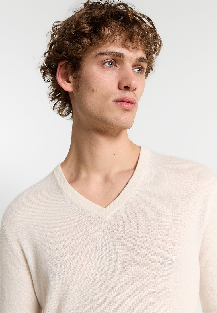 Beige V-Ausschnitt-Pullover aus weichem, leichtem Strickstoff mit glatter Textur und minimalen Details, der eine lockere Passform hat.