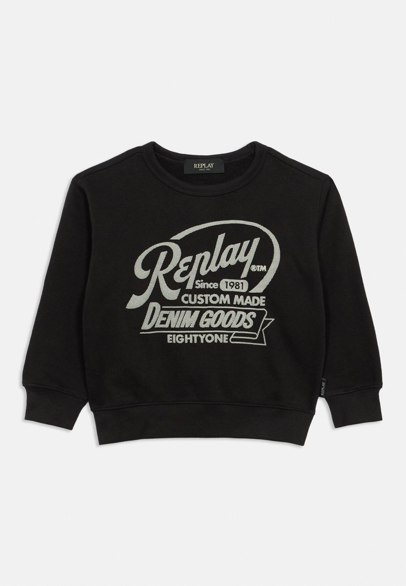 Felpa nera realizzata in tessuto misto cotone con colletto rotondo. Presenta un testo grafico argentato: "Replay Since 1981 Custom Made Denim Goods Eightyone."