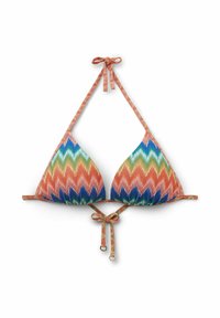 Trojúhelníkový bikiny top s vícebarevným chevron vzorem v odstínech oranžové, modré a zelené. Obsahuje nastavitelná ramínka a zavazování na zádech.