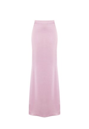 Lange, getailleerde rok van zachtroze stof met een gladde textuur. Bevat een hoge tailleband en een rechte silhouet, die tot aan de enkels reikt.