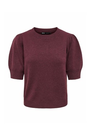 Haut en maille à manches courtes de couleur bordeaux foncé avec manches bouffantes et encolure ronde.
