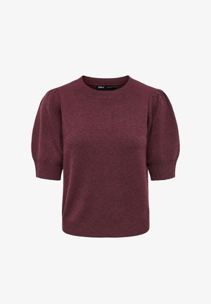 Haut en maille à manches courtes de couleur bordeaux foncé avec manches bouffantes et encolure ronde.