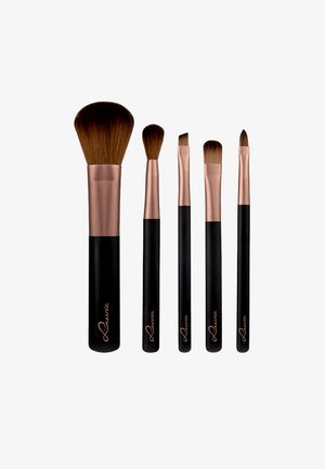 Five makeup brushes with black handles and rose gold accents. The bristles are soft, varying in shape and size for versatile application.