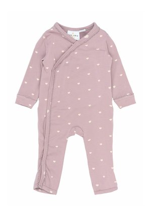 Długie rękawy, mauve bodziak dla niemowląt z białym wzorem serca, zapięcie na napy z boku i koronkowym wykończeniem na brzegach.