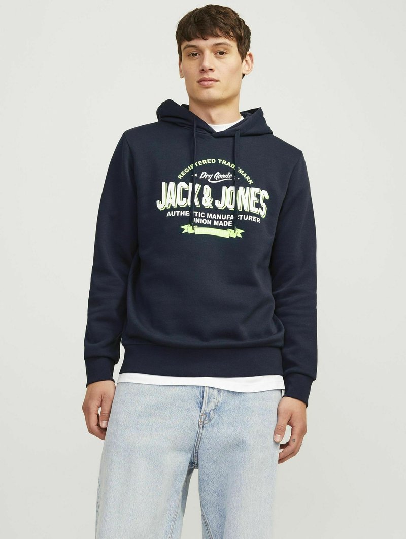 Sudadera con capucha azul marino con un estampado gráfico frontal en verde claro. Cuenta con capucha con cordones, puños acanalados y un corte relajado.