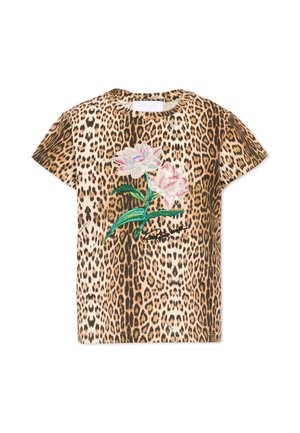 T-shirt z krótkim rękawem z nadrukiem w panterkę oraz haftowanymi białymi i różowymi kwiatami z zielonymi łodygami na środku z przodu.