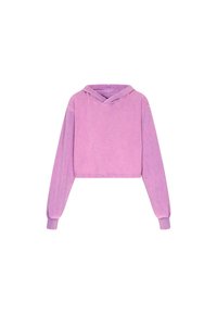 Hoodie all'uncinetto in un delicato viola chiaro, design corto, maniche lunghe con polsini aderenti, texture morbida e cappuccio a doppio strato.