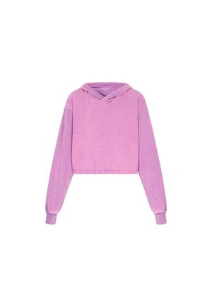 Hanorac croșetat de culoare mov deschis, design scurt, cu mâneci lungi și manșete ajustate, textură moale și glugă dublată.