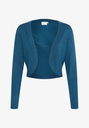 Zila īsa kardigāna ar garajām piedurknēm, izgatavota no mīksta auduma. Iezīmē plašu atvērtu priekšpusi un gludu tekstūru ar minimālām detaļām.