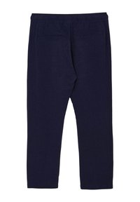 Pantaloni con vita elastica di colore blu navy e design a gamba dritta. Presentano due tasche posteriori, realizzati in un tessuto morbido e strutturato.
