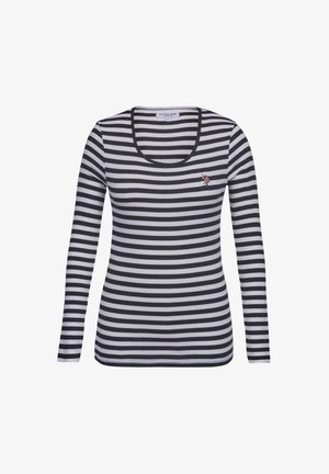 Długi rękaw, bluzka z dekoltem w serek, w czarno-białe poziome paski; zauważalny haftowany detal logo po lewej stronie klatki piersiowej.