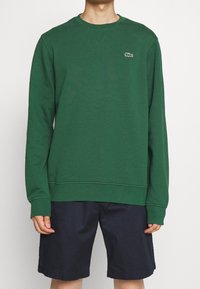 Zelená mikina s dlouhými rukávy, kulatým výstřihem a žebrovanými manžetami. Na hrudi má malou vyšívanou značku. Kombinováno s tmavě modrými šortkami.