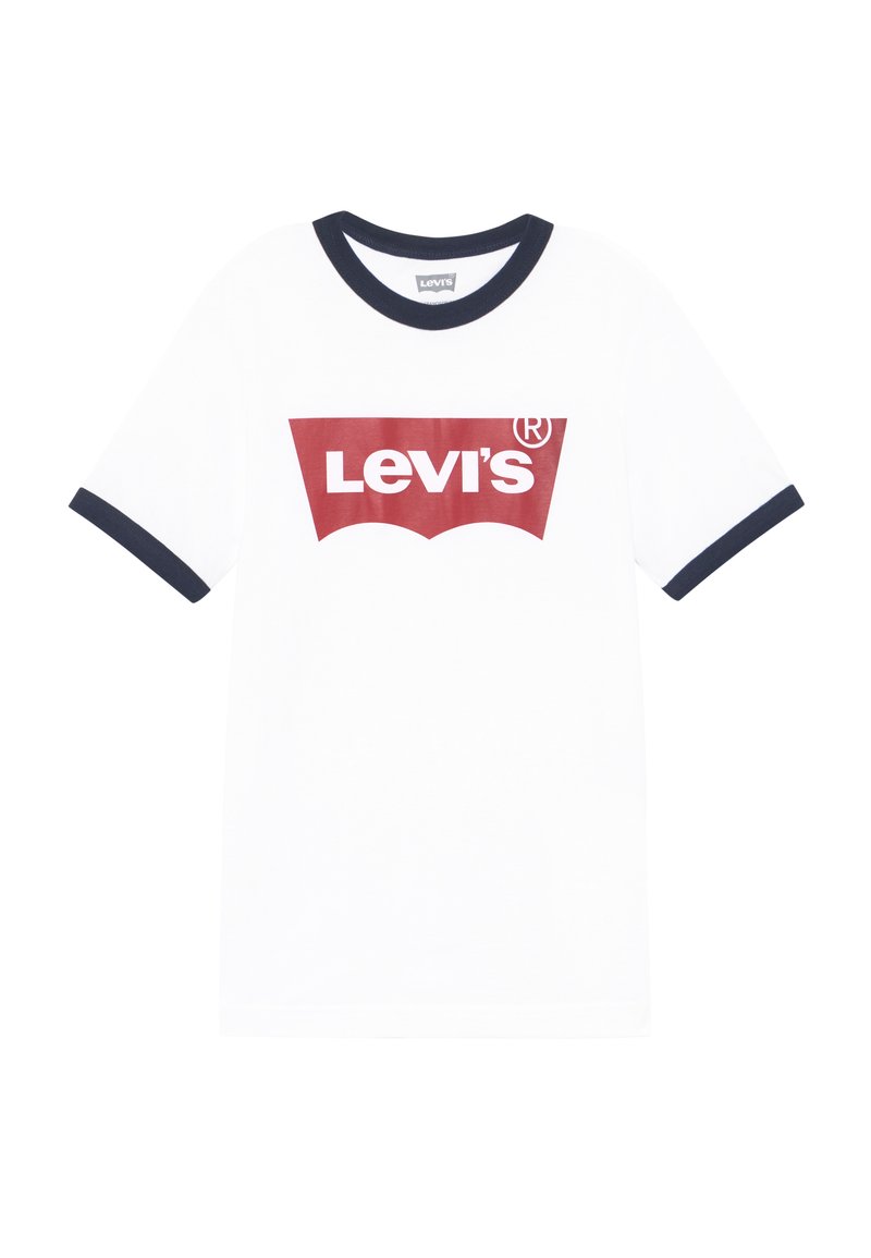 Biała bawełniana koszulka z krótkim rękawem z czerwonym logo Levi's oraz granatowymi ściągaczami przy kołnierzyku i rękawach. Standardowy krój.