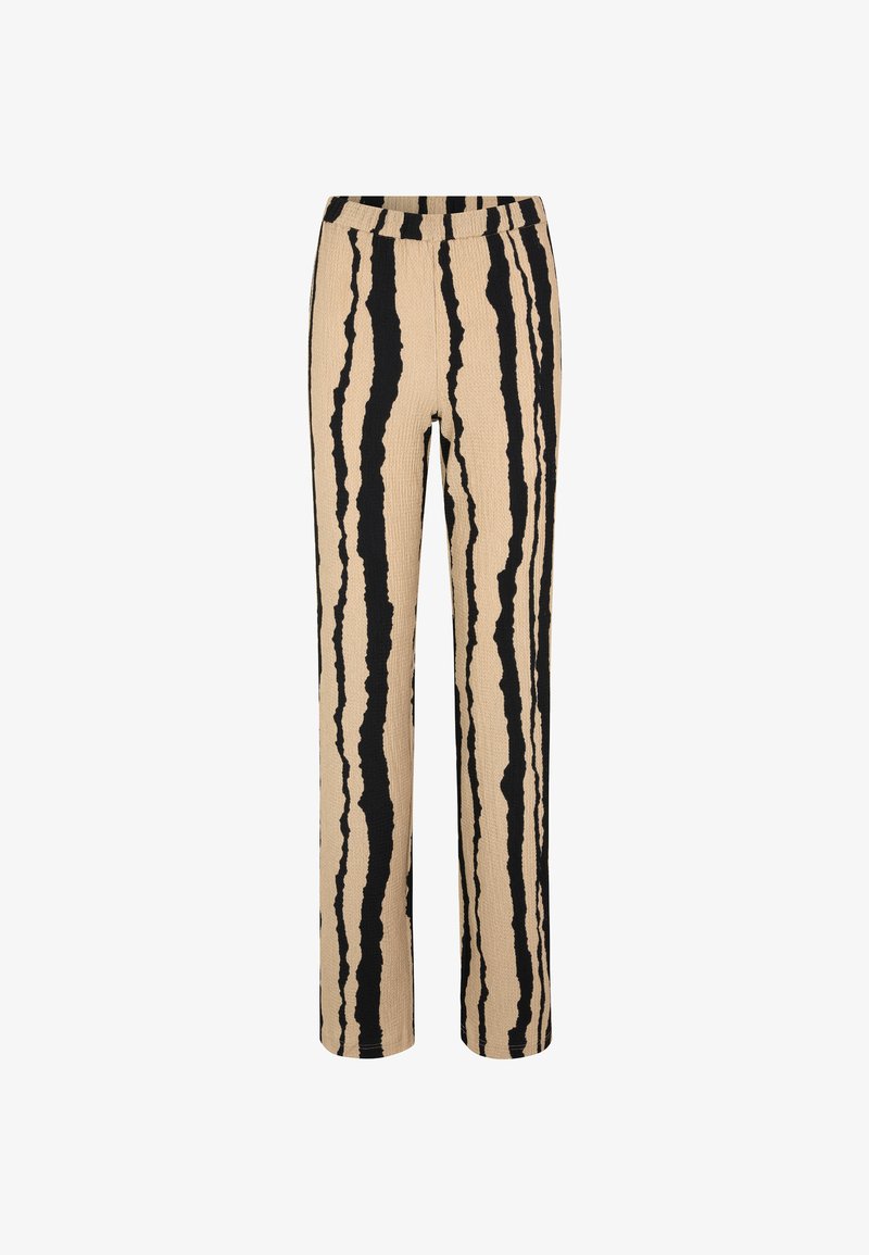 Pantalons larges beiges avec des rayures verticales noires. Fabriqué en tissu texturé et doté d'une taille élastique pour le confort.