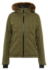 Veste d'hiver matelassée vert olive avec fermeture éclair noire intégrale, capuche doublée de fourrure et poignets allongés avec trous pour le pouce.
