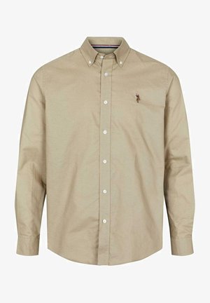 Khakifarbenes, knöpfbares Hemd mit Kragen, langen Ärmeln und weißen Knopfverschluss. Verfügt über ein kleines gesticktes Logo auf der Brust.