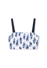 Crop top a coste con base bianca e motivo floreale blu, dotato di sottili spalline blu navy e forma strutturata. Il tessuto sembra morbido.