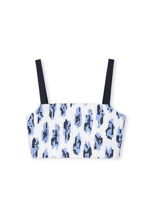 Ribbed crop top with a white base and blue floral pattern, featuring thin navy straps and structured shape. Fabric appears soft.