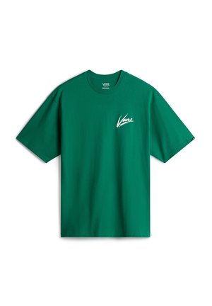 Zielona koszulka Vans z białym logo Vans na lewej piersi, krótkimi rękawami i okrągłym dekoltem.