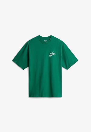 Zielona koszulka Vans z białym logo Vans na lewej piersi, krótkimi rękawami i okrągłym dekoltem.